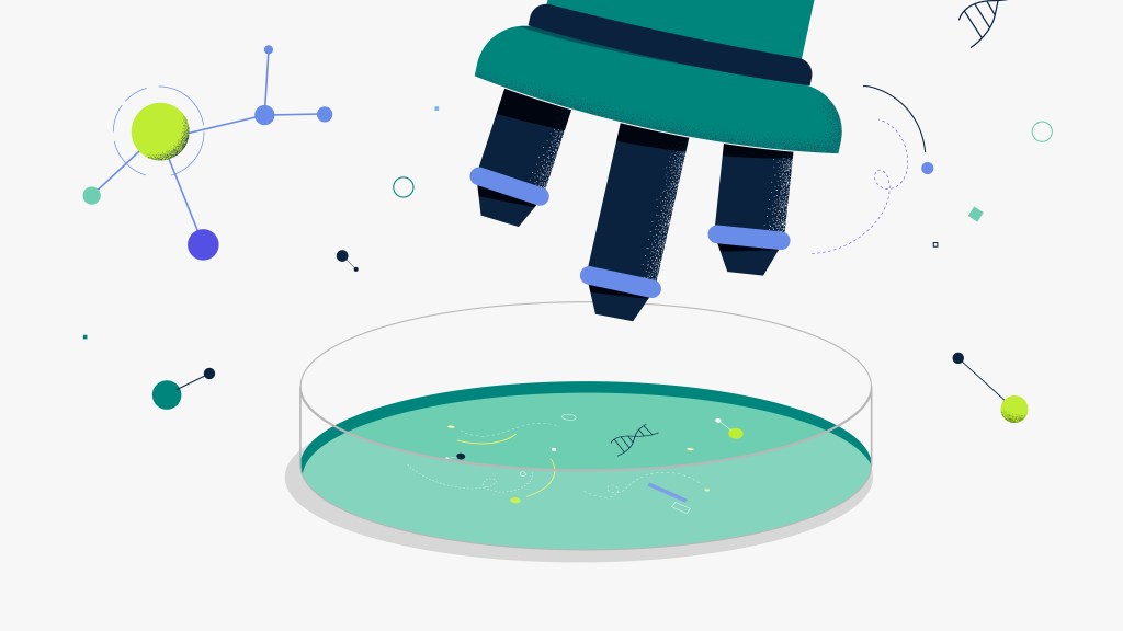 Illustration of a microscope above a petri dish with abstract biological shapes