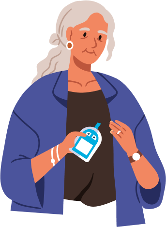 Illustration of an older woman holding a glucose meter