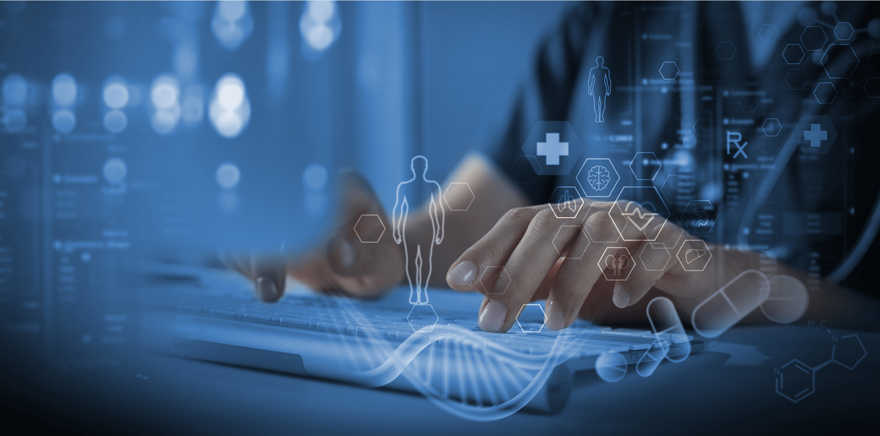 Informationseingabe auf Tastatur mit medizinischen Symbolen – Symbolbild für digitale Datenverarbeitung im EPD