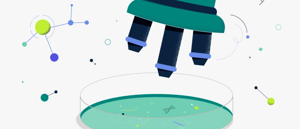 Illustration of a microscope above a petri dish with abstract biological shapes