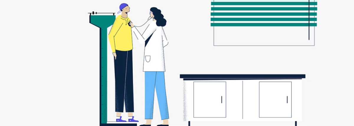 Illustration of a doctor examining a patient with a stethoscope during a check-up