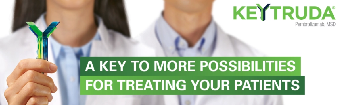 Clinician holding a stylized antibody next to Keytruda branding and text about treatment possibilities