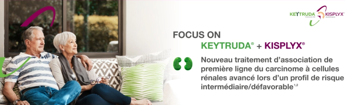 Older couple relaxing on a sofa beside text promoting the first-line combination therapy Keytruda + Kisplyx