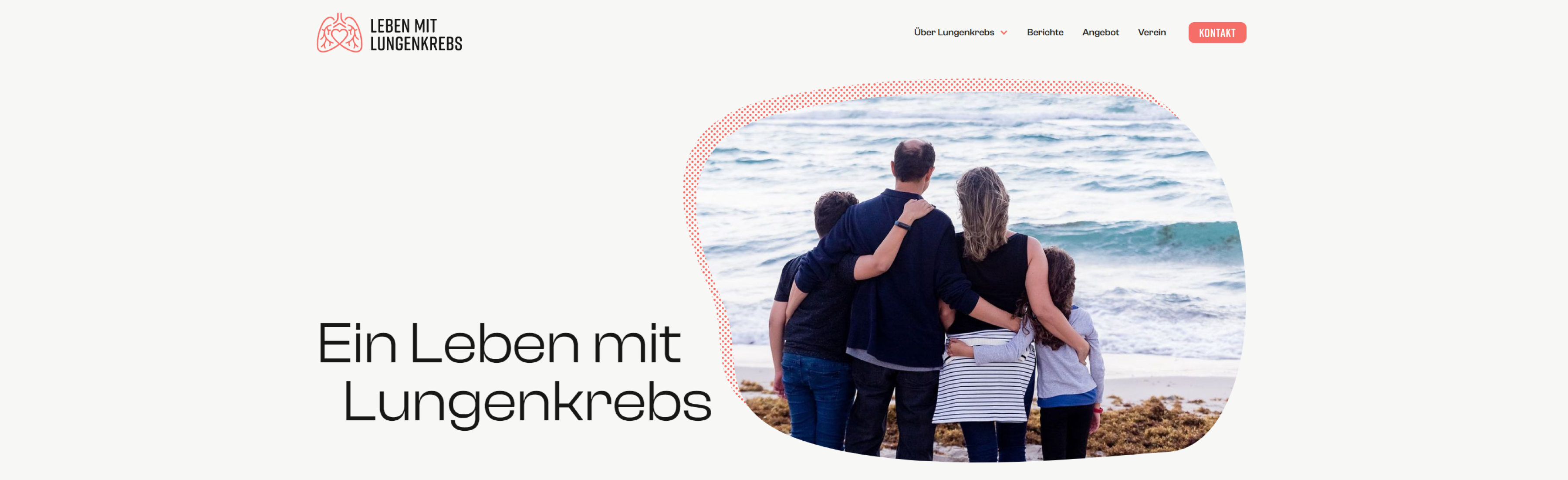Family standing together on a beach looking at the ocean beside text about living with lung cancer