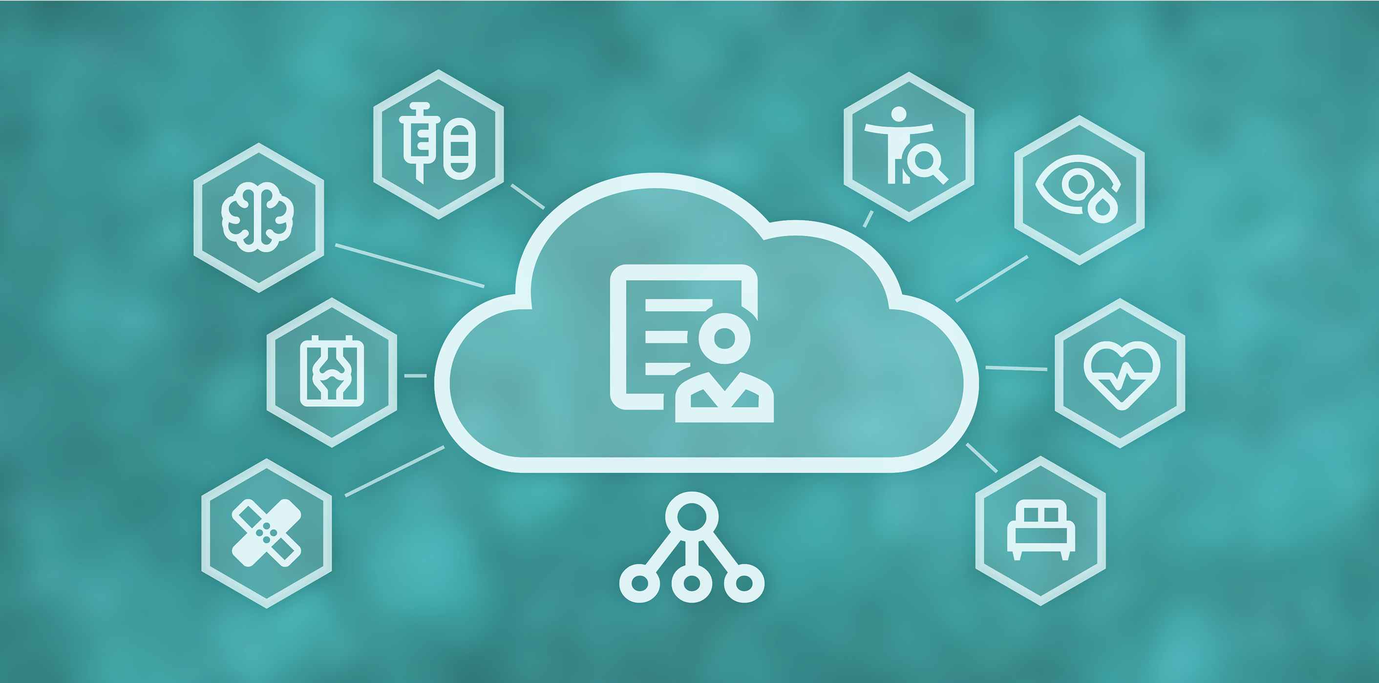 Grafica di un cloud con simboli medici collegati in rete – rappresentazione dei dati sanitari memorizzati in formato digitale nella CIP