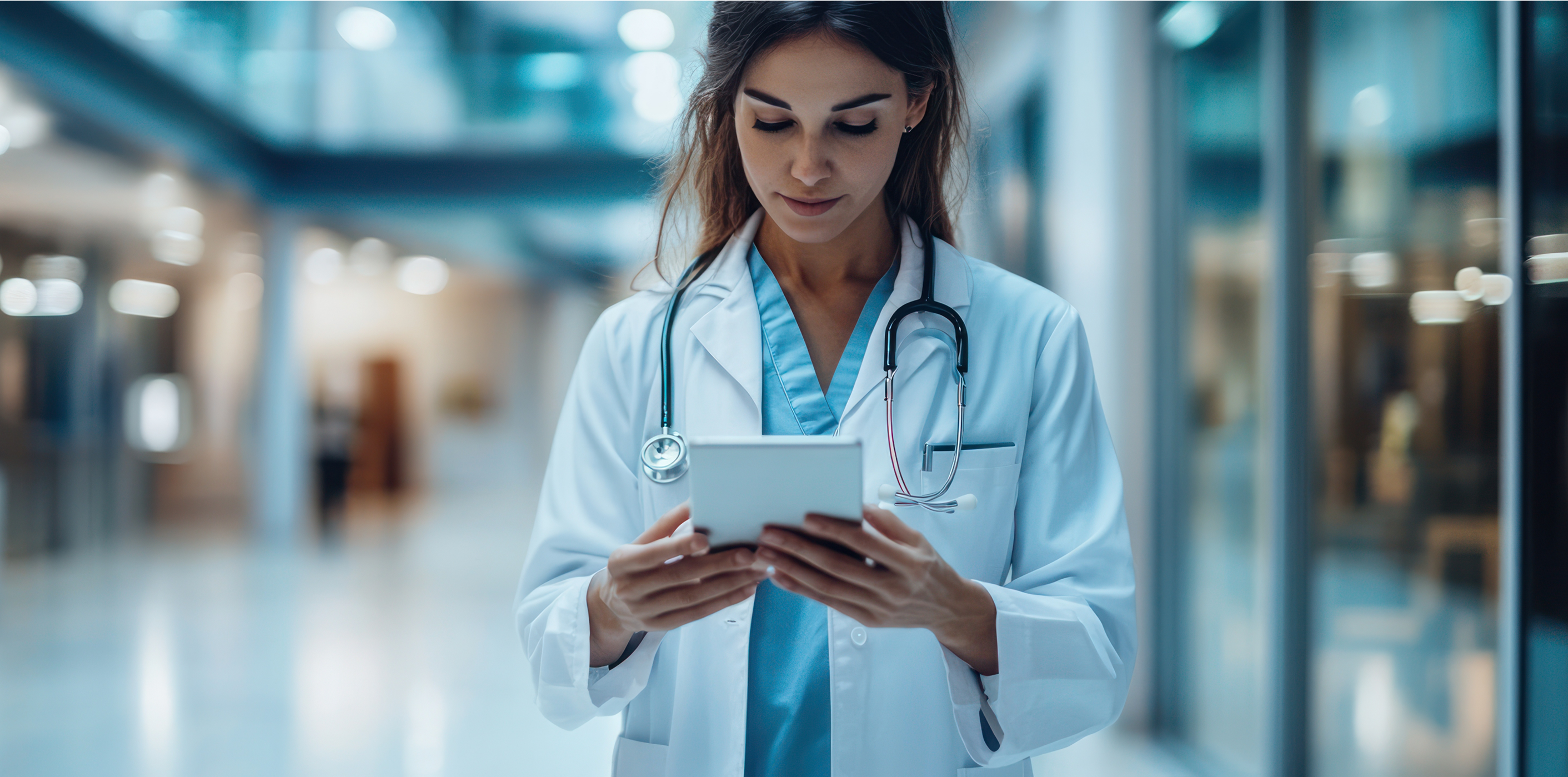 Dottoressa nel corridoio dell’ospedale con tablet – esempio di accesso digitale alla cartella informatizzata del paziente (CIP)